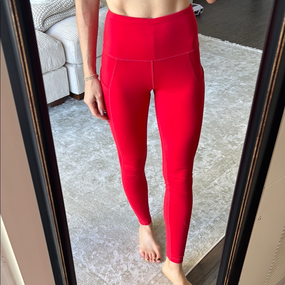 Vibrant Red High-Waisted Leggings pockets